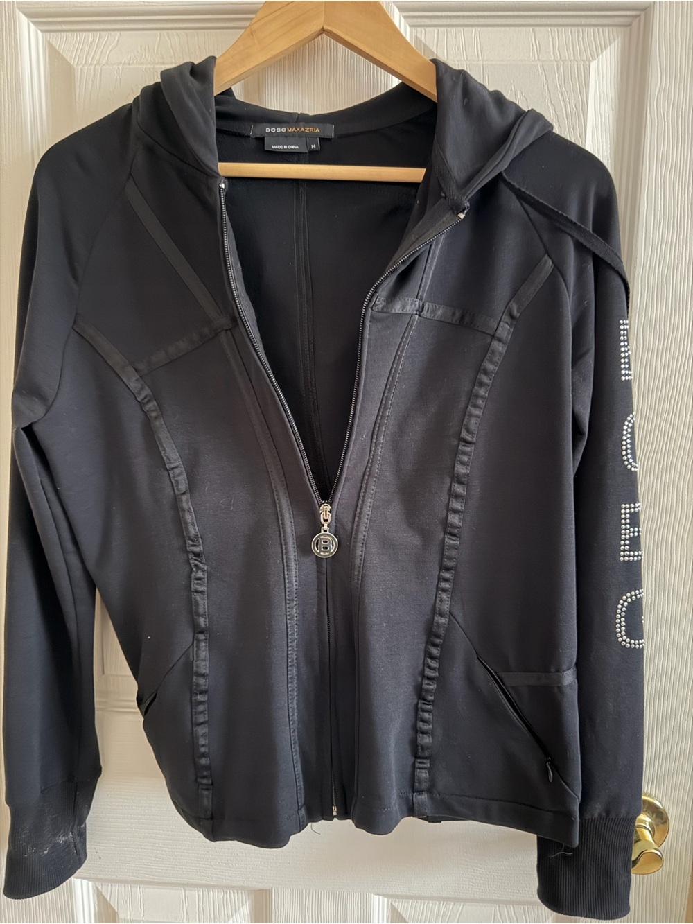 BCBGMaxAzria Black Hooded Light Jacket with Logo Zip Pull